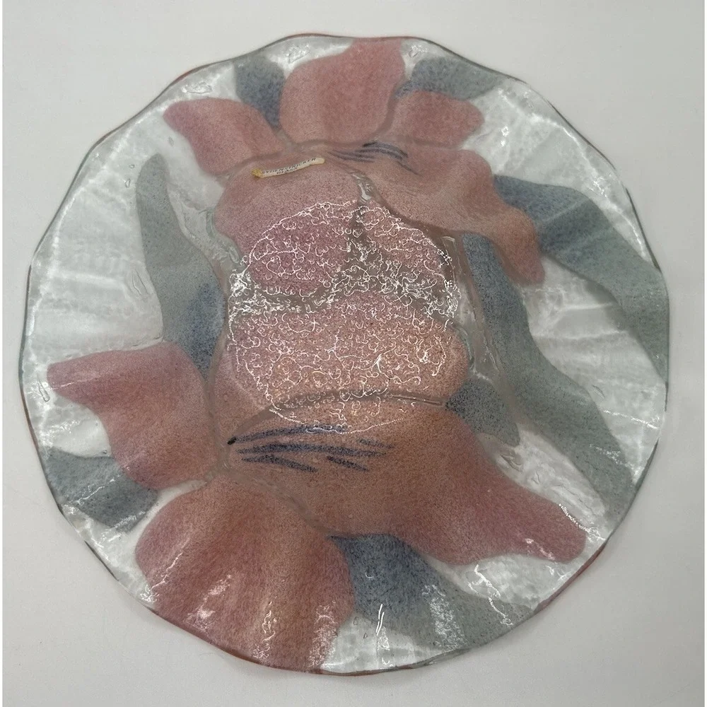 SYDENSTRICKER Fused Glass Fluted Small Bowl Pink Flowers Small Candy Dish‎ VTG